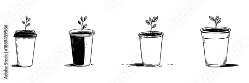 Coffee Cup With Plant Sprout Doodle Sketch Set. Eco-Friendly Growth And Sustainability Concept In Hand Drawn Style Collection. Environmental Awareness. Hand Drawn Isolated Vector Illustration