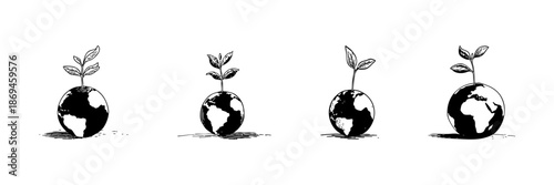 Earth With Growing Plant Doodle Sketch Set. Environmental Sustainability And Global Growth In Hand Drawn Style Collection. Eco-Friendly And Nature Conservation Concept. Isolated Vector Illustration