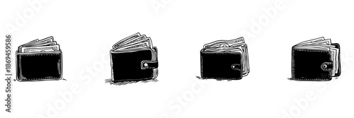Wallet With Money Doodle Sketch Set. Financial Management, Cash Handling, And Personal Finance Organization In Hand Drawn Style Collection. Budgeting And Savings. Isolated Vector Illustration