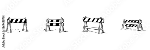 Construction Barrier Doodle Sketch Set. Roadblock And Safety Signage In Hand Drawn Style Collection. Traffic Control And Site Management. Hand Drawn Isolated Vector Illustration