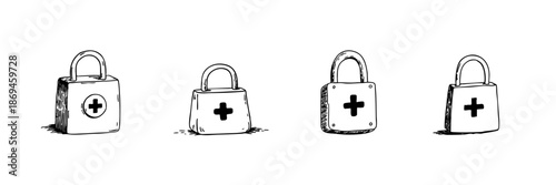 Medical Security Padlock Doodle Sketch Set. Healthcare Data Protection And Privacy In Hand Drawn Style Collection. Secure Medical Information And Safety. Hand Drawn Isolated Vector Illustration