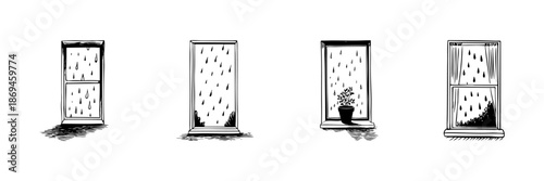 Rainy Window Views Doodle Sketch Set. Cozy Indoor Atmosphere And Nature Connection In Hand Drawn Style Collection. Illustrates Rainfall, Windows, And Indoor Plants. Isolated Vector Illustration