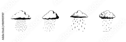 Clouds With Rain Doodle Sketch Set. Weather Patterns And Rainfall Illustration In Hand Drawn Style Collection. Atmospheric Conditions And Climate Change. Isolated Vector Illustration
