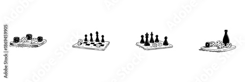 Board Games And Dice Doodle Sketch Set. Strategic Play, Chance, And Entertainment In Hand Drawn Style Collection. Includes Chess Pieces, Dice, And Bottle. Isolated Vector Illustration