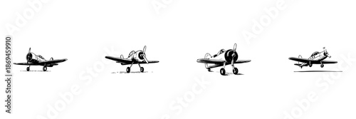 Vintage Airplane Doodle Sketch Set. Aviation History And Classic Aircraft Design In Hand Drawn Style Collection. Retro Aviation Art. Hand Drawn Isolated Vector Illustration