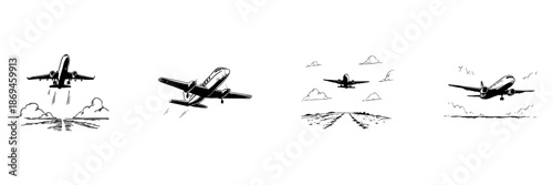 Airplane Takeoff And Landing Doodle Sketch Set. Aviation Journey And Flight Dynamics In Hand Drawn Style Collection. Air Travel And Transportation. Hand Drawn Isolated Vector Illustration