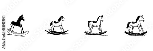 Rocking Horse Doodle Sketch Set. Childhood Play, Nostalgia, And Classic Toy Design In Hand Drawn Style Collection. Vintage Children Toy. Isolated Vector Illustration