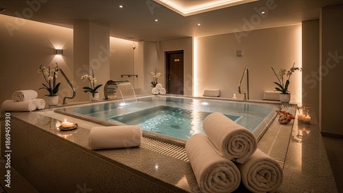 Luxurious spa pool with candles and towels in serene ambiance