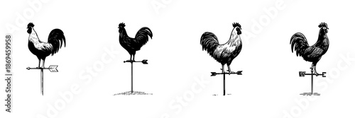 Rooster Weather Vane Doodle Sketch Set. Wind Direction Indicator And Rustic Farmhouse Decor In Hand Drawn Style Collection. Vintage Weather Instrument. Isolated Vector Illustration