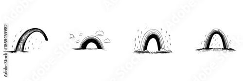 Rainbow And Rain Doodle Sketch Set. Weather Phenomena And Nature Elements In Hand Drawn Style Collection. Illustrations Of Rainbows With Clouds And Raindrops. Isolated Vector Illustration