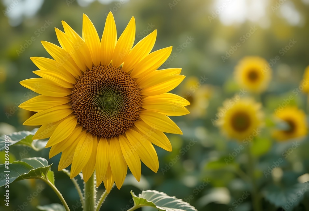 Fototapeta premium A beautiful bright yellow sunflower blooming in a sunny field during golden hour. real sunflower 