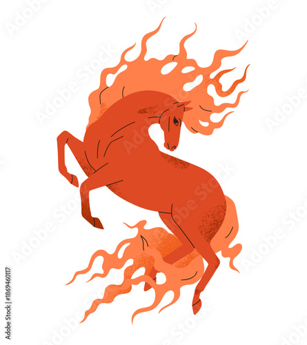 Bright red fire horse with orange flying mane reared up. Free stallion in a dynamic pose, elegant mare in motion. Chinese New Year 2026 symbol. Flat vector illustration isolated on white background