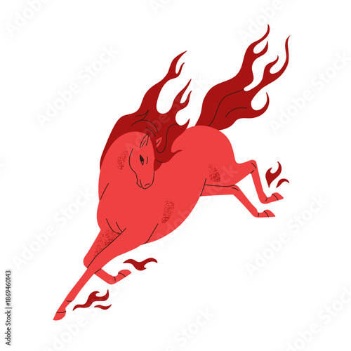 Bright red fire horse jumping with flying mane. Free stallion in a dynamic pose, elegant mare in motion. Chinese New Year 2026 symbol. Flat vector illustration isolated on white background