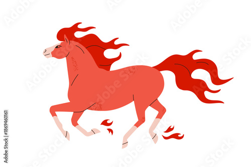 Bright red fire horse galloping with flying mane. Free stallion in a dynamic pose, elegant mare in motion. Chinese New Year 2026 symbol. Flat vector illustration isolated on white background