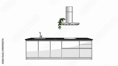 Modern kitchen counter with sink, cooktop, and exhaust hood, accented by a potted plant