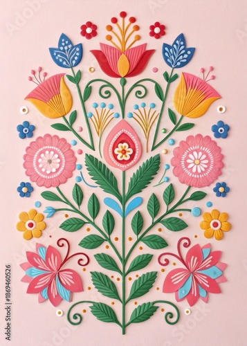 Colorful Polish wycinanki folk paper cut with floral and geometric patterns, centered on a pastel pink background
