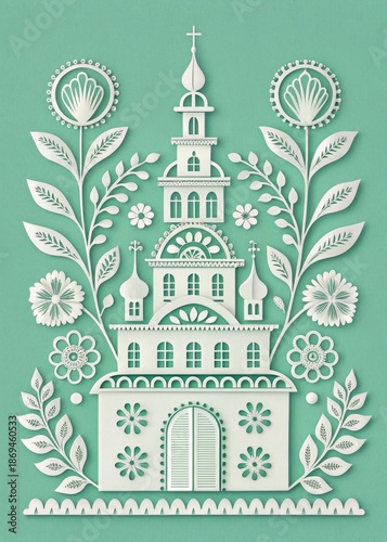Intricate Polish wycinanki folk paper cut with layered details and classic motifs on a pastel green background