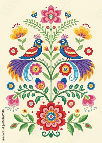 Polish wycinanki paper cut artwork featuring birds and flowers, symmetrical design on a light pastel yellow background