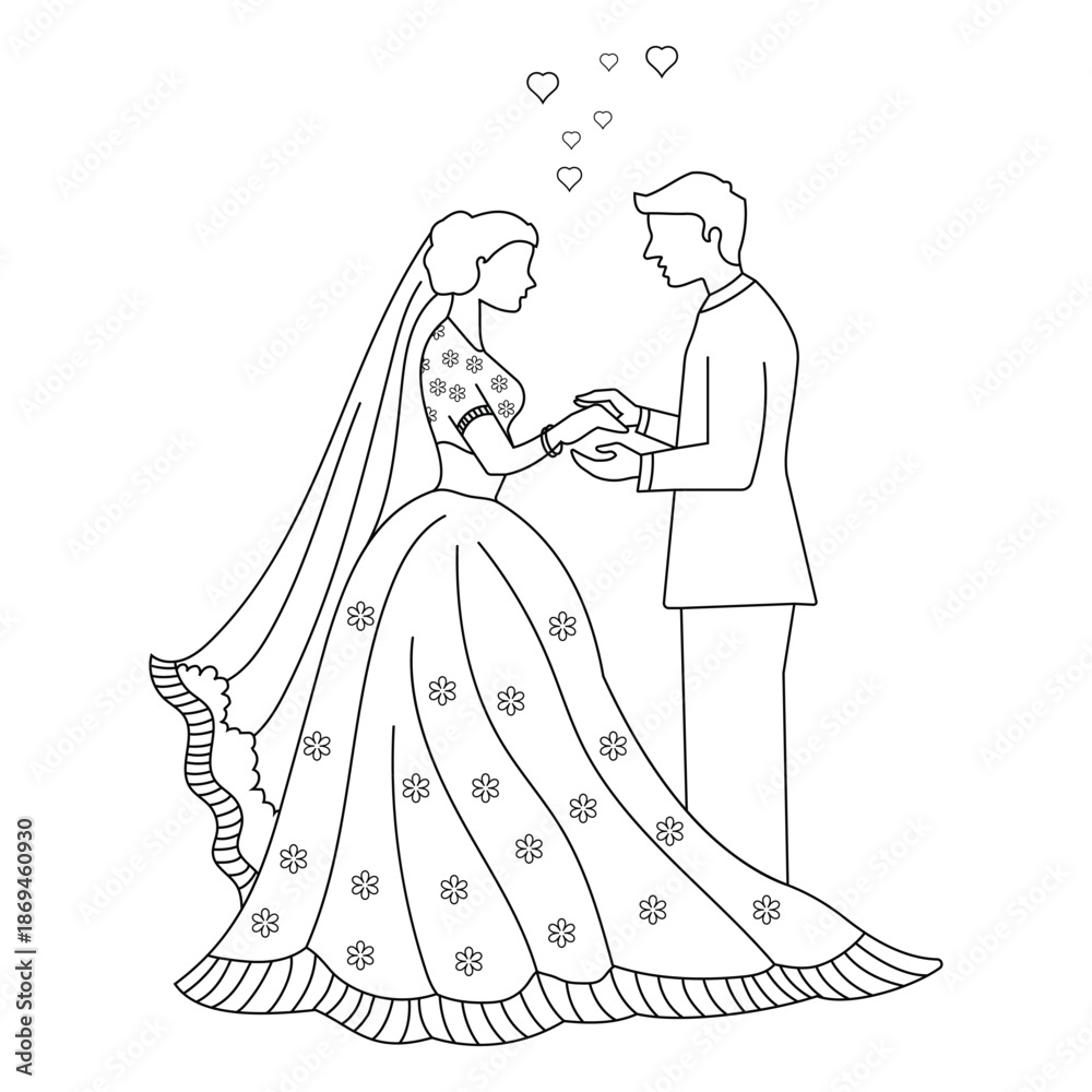 Fototapeta premium Silhouette of bride and groom outline icon. A loving couple silhouette vector for valentine's day. Man and woman, couple celebrates a wedding clipart vector illustration.