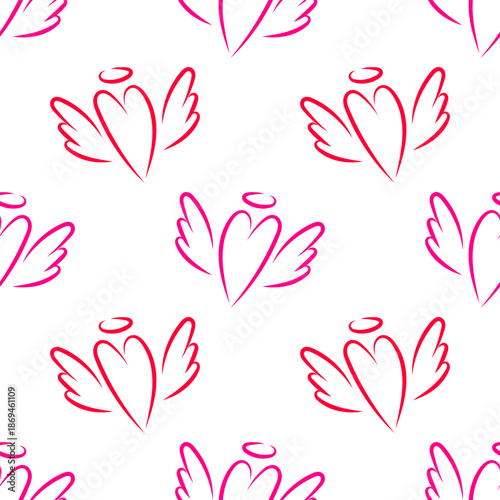 Pattern with pink and red winged hearts and halo on white background. For Valentine's Day, packaging, textiles and holiday design.