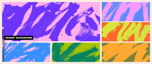 Colorful grainy grunge splashes and waves background collection. Bold curved, swirly brush strokes on colorful bg. Organic squiggle smears, rough texture brush stroke poster and punk banner.