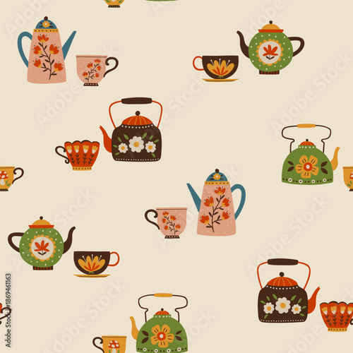 Seamless hand drawn pattern with decorative teapots, kettles and cups in warm earthy colors. Folk inspired tea illustration on light background for textiles, packaging, wallpaper and prints