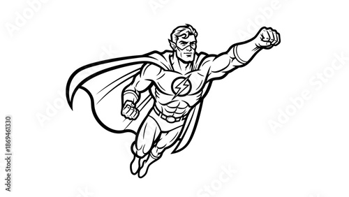 Vector design of flying superhero logo, symbol, sign, editable EPS 10.