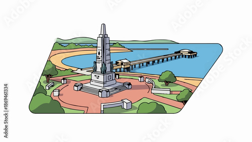 Monumental monument, pier, and waterfront park with trees and benches