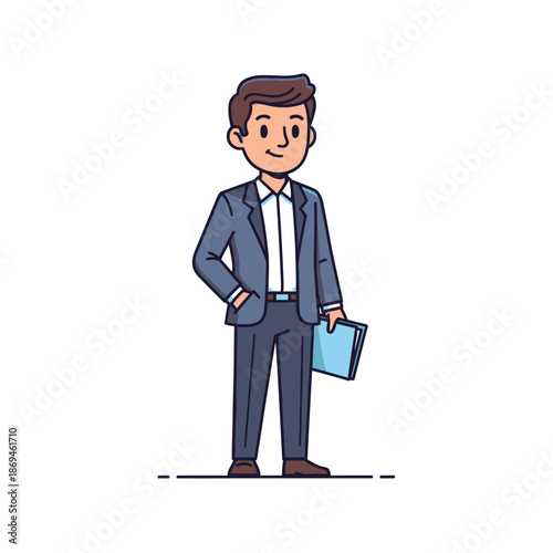 Professional businessman in a dark suit standing with a folder, a confident and friendly male character presented as a clean flat vector illustration for corporate themes