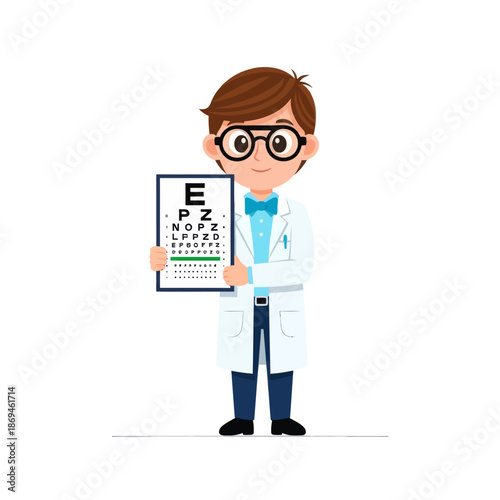 Friendly male optometrist holding a vision test chart for an eye exam, a detailed flat vector illustration representing ophthalmology and healthcare services
