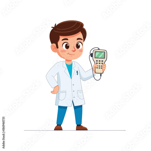 Flat vector illustration of a young doctor holding a medical device, symbolizing healthcare and innovation