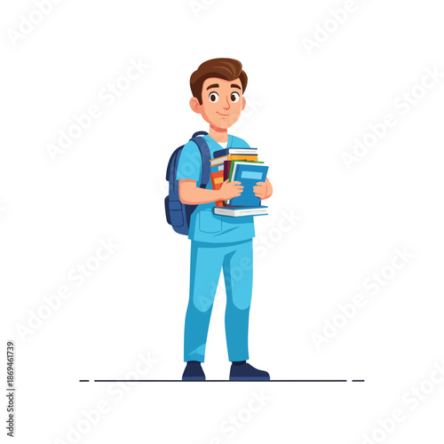Young medical student flat vector illustration carrying books on white background