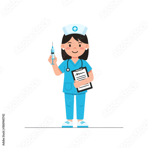 Flat vector illustration of a happy nurse holding a syringe and clipboard, perfect for medical and healthcare themes