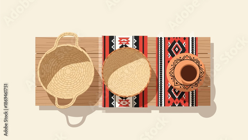 This flat design illustration showcases a curated collection of traditional Emirati handicrafts, representing the rich cultural heritage found at the Al Dhafra Festival market. 