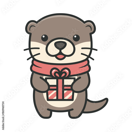 Cute Cartoon Otter Holding Gift Box Illustration