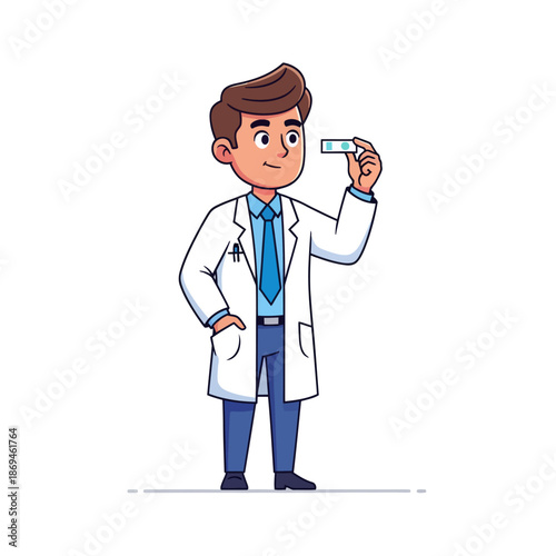 Professional male doctor or scientist examining a medical test strip, presented as a clear flat vector illustration suitable for various healthcare designs