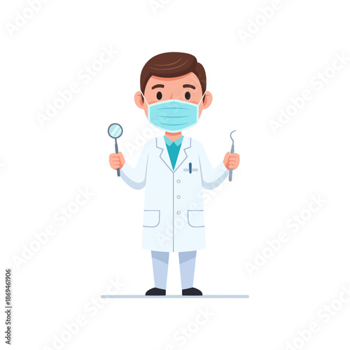 Professional male dentist in a white lab coat wearing a face mask holding dental tools, flat vector illustration