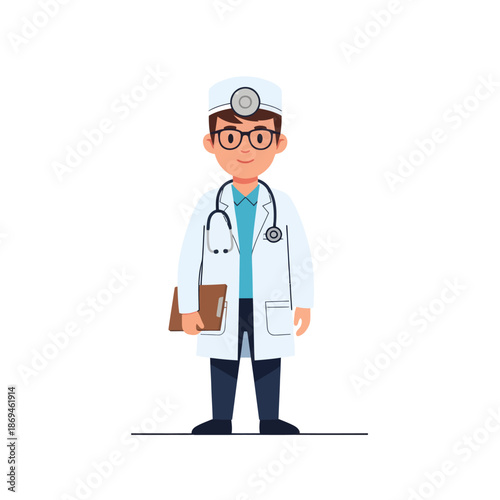 Flat vector illustration of a male doctor wearing a white coat and stethoscope, holding a clipboard, ready for consultation