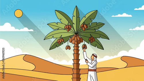 This flat design illustration portrays the traditional date palm harvest, an integral part of agricultural heritage and often celebrated at events like the Al Dhafra Festival. 