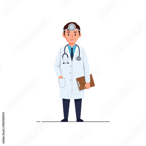 Professional male doctor in lab coat with stethoscope, head mirror, and clipboard, standing, a friendly flat vector illustration for medical and healthcare concepts