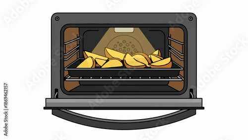 Open oven with potato wedges on a baking tray, interior light on
