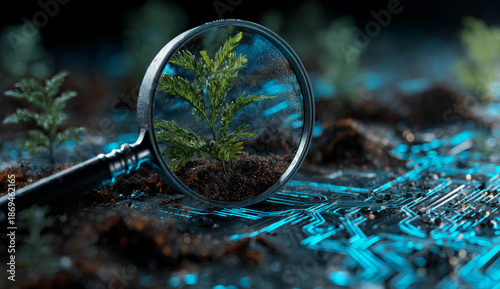 A digital magnifying glass with a metallic frame and textured handle examining a young green conifer seedling on soil surface with glowing blue circuit patterns, representing