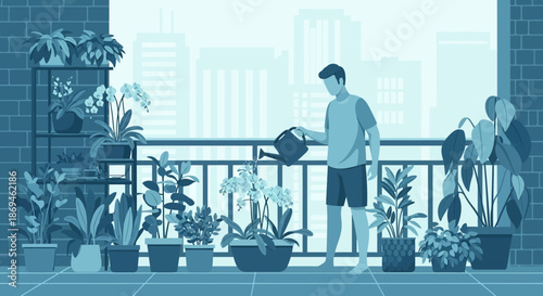 Young man with a watering can tending to his collection of potted plants on a city balcony.