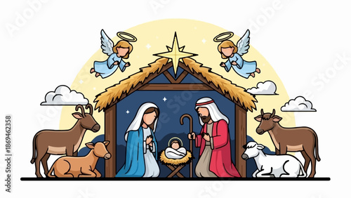 Nativity scene with Holy Family, angels, star, and animals in a stable