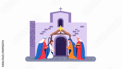 Nativity scene with figures and a church-like building under a star