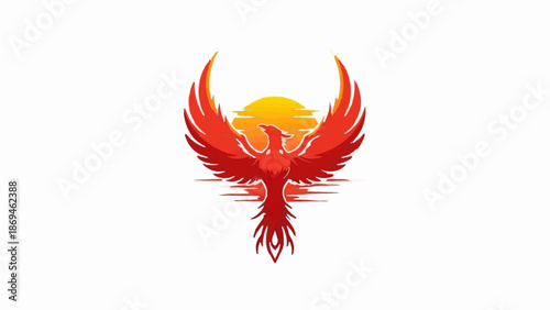 Mythical bird with fiery wings rises against a vibrant sun over water