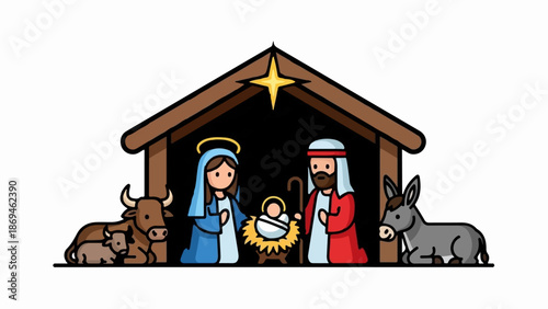 Nativity scene with baby, parents, animals, and star in stable