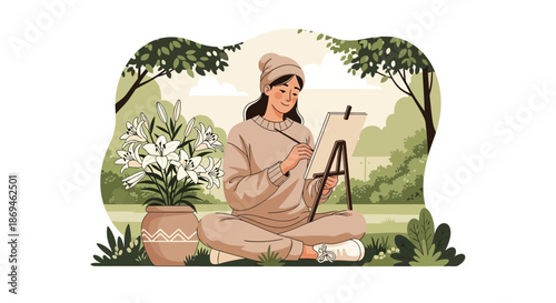 A young woman artist painting beautiful white lilies on a canvas.