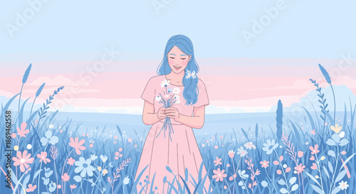 Charming anime girl with long blue hair holding a bouquet of flowers.