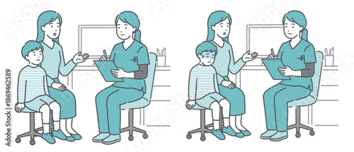 問診と体調不良の親子セット（男の子・女性医師・スクラブ）